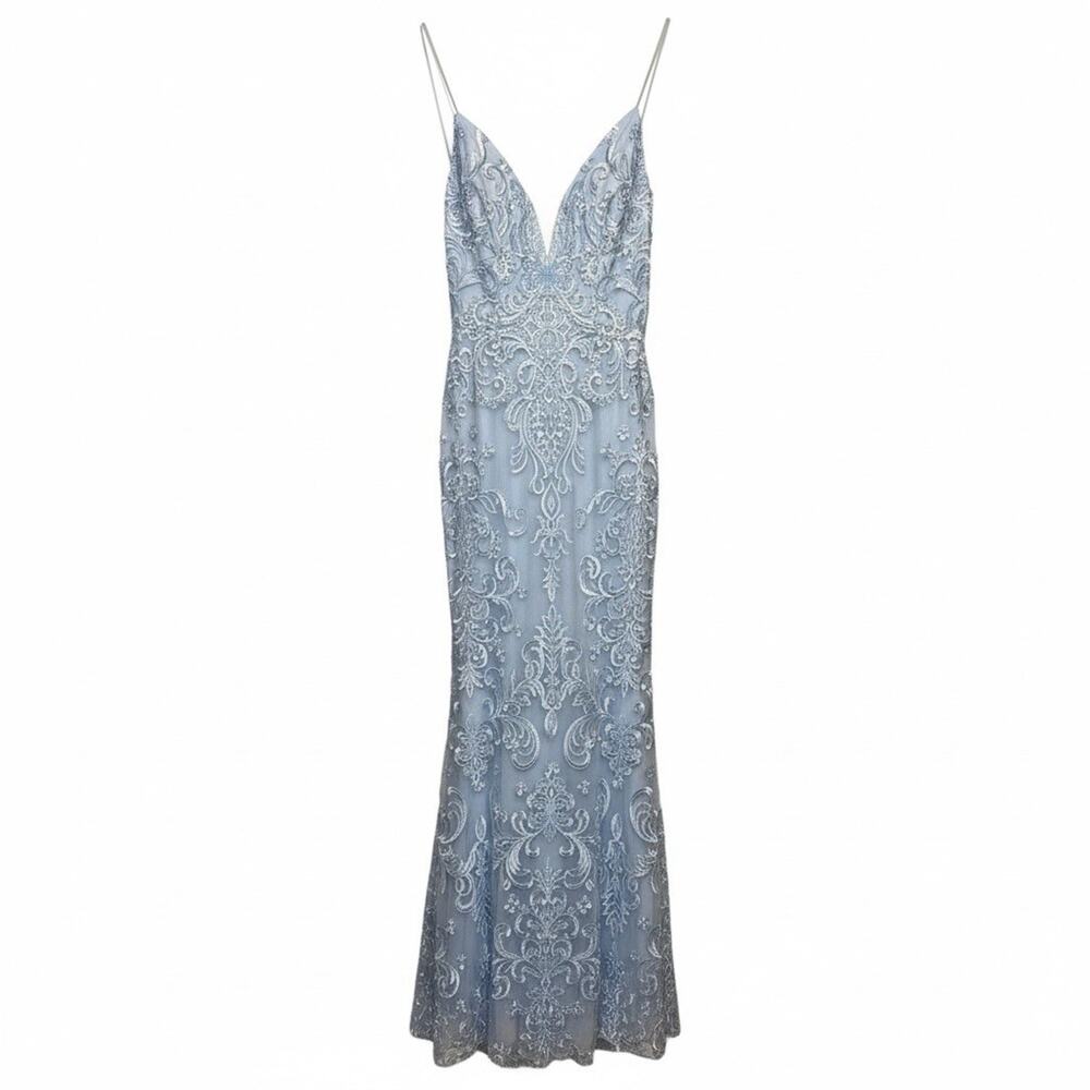 Beaded Light Blue Spaghetti-Strap Maxi Dress